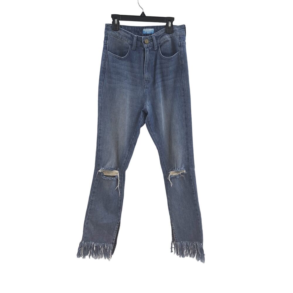 Show Me Your Mumu Brooklyn Jeans 26 High Waist‎ Distressed Fray Hem Harbor Blue - Picture 3 of 10